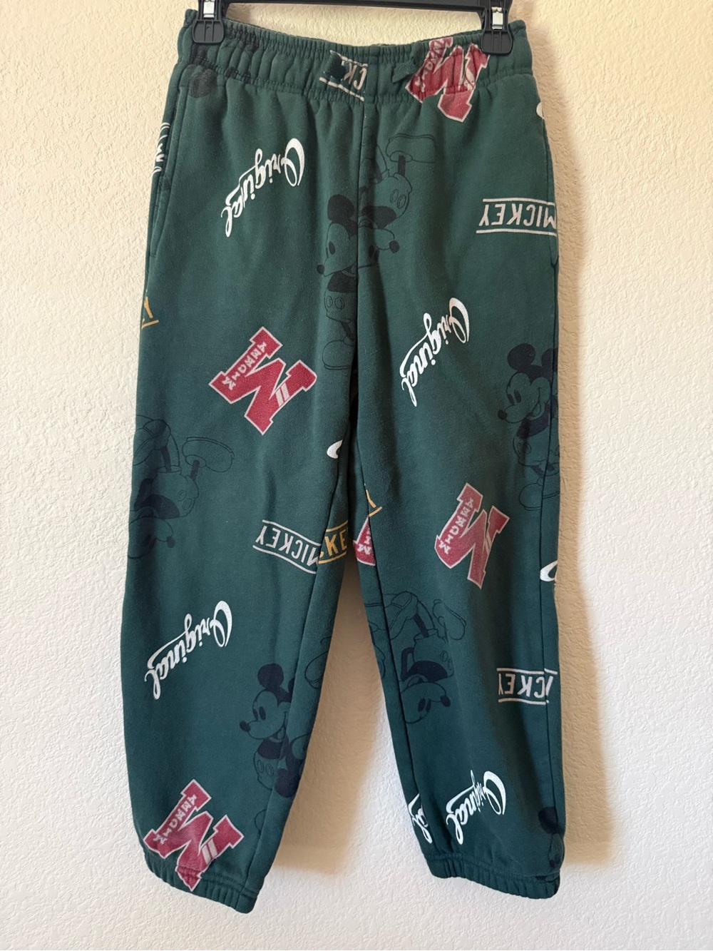 GAP Kids Disney Mickey Mouse Green Fleece Jogger Pants Drawstring Boys 6-7Y